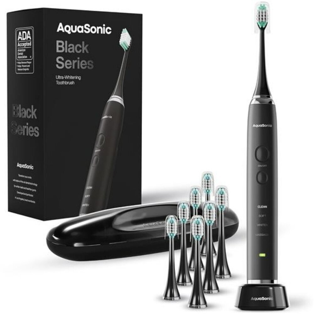 AquaSonic Black Series Electric Toothbrush 8 Heads Travel Case Whitening